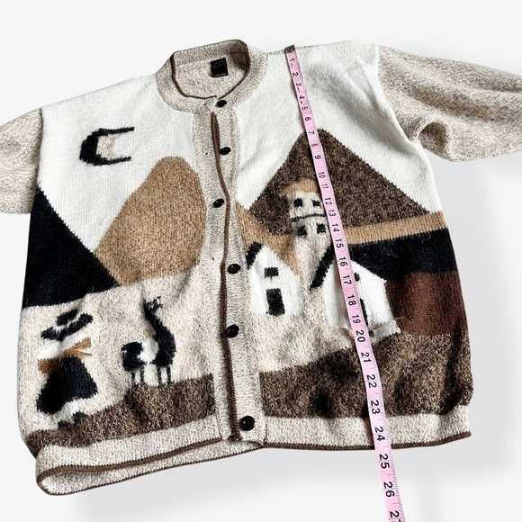 Vintage Arcohi’s Alpaca Wool Cardigan Sweater Beige Brown Graphic Peruvian Scene - Picture 11 of 12